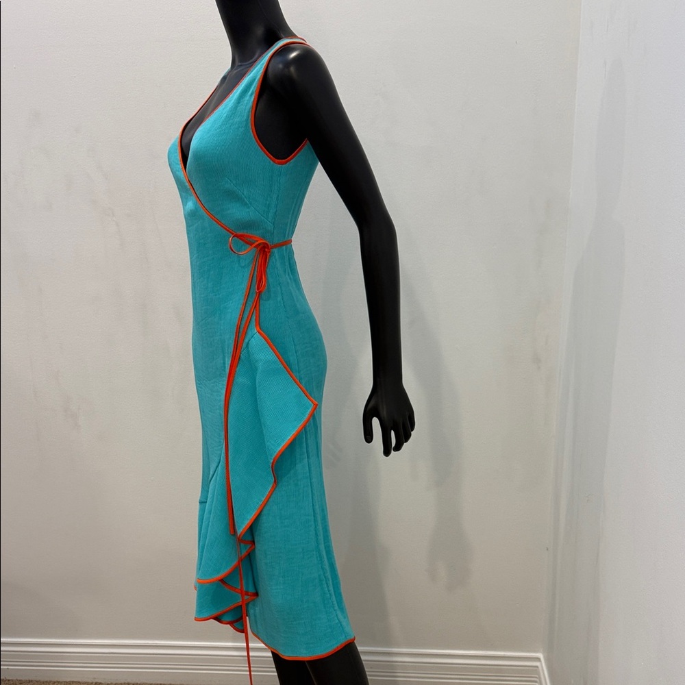 DIANE VON FURSTENBERG Turquoise Wrap Dress Orange Trim trending Luxury DVF 2 NEW - Picture 6 of 11